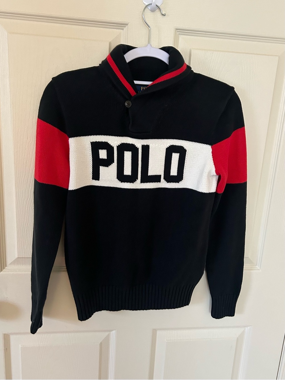 Polo Ralph Lauren Sweater Youth Size 14-16 Black White Red Logo 100% Cotton